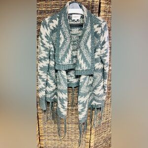 Miss Me- Aztec Style -Teal and Cream Fringe Open-Front Cardigan, Large